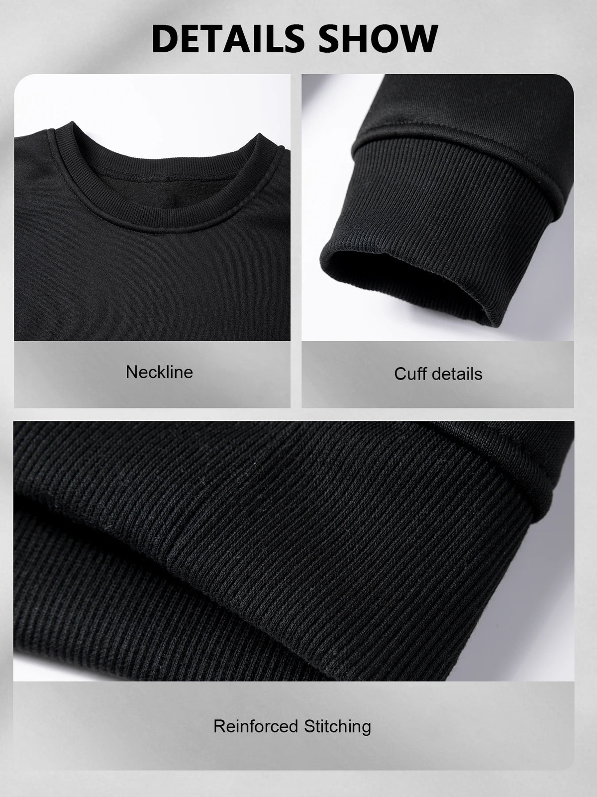 Men Solid Plain Crew Neck Sweatshirt Classic Rib Round Collar Cuffs & Hem Reinforced Waffle Stitching Soft Lightweight Wrinkle