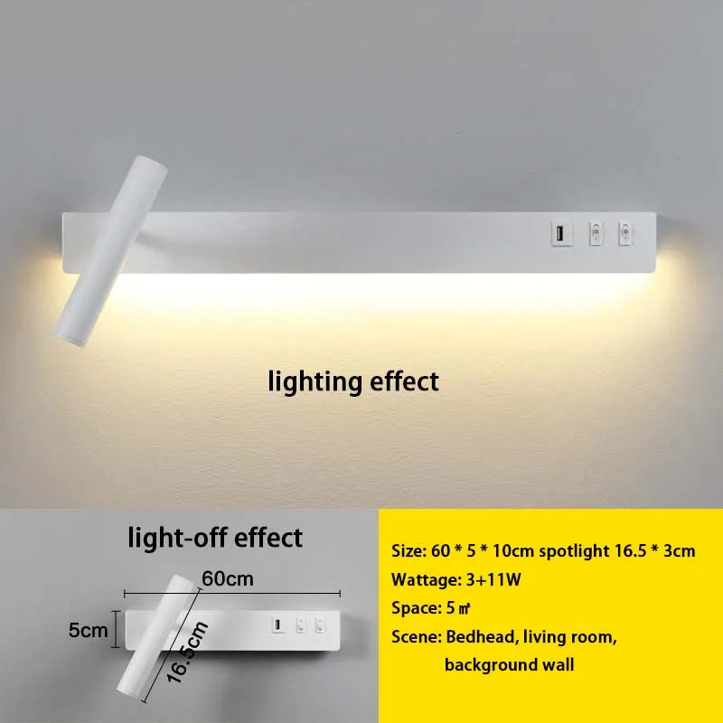 LED wall light with switch, rotatable USB reading spotlight, spotlighting, bedroom bedside hallway home decoration wall light