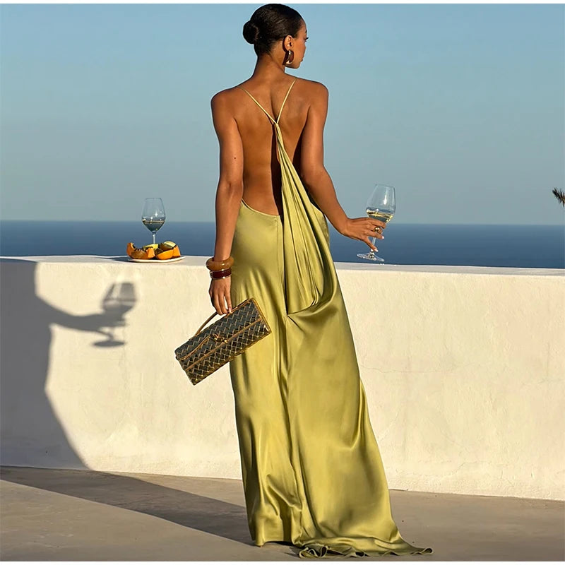 Backless Women Dress Satin Spaghetti Strap Maxi Dresses Back Tail Cowl Drape Front Neck Side Split Hem Elegant Evening Bodycon