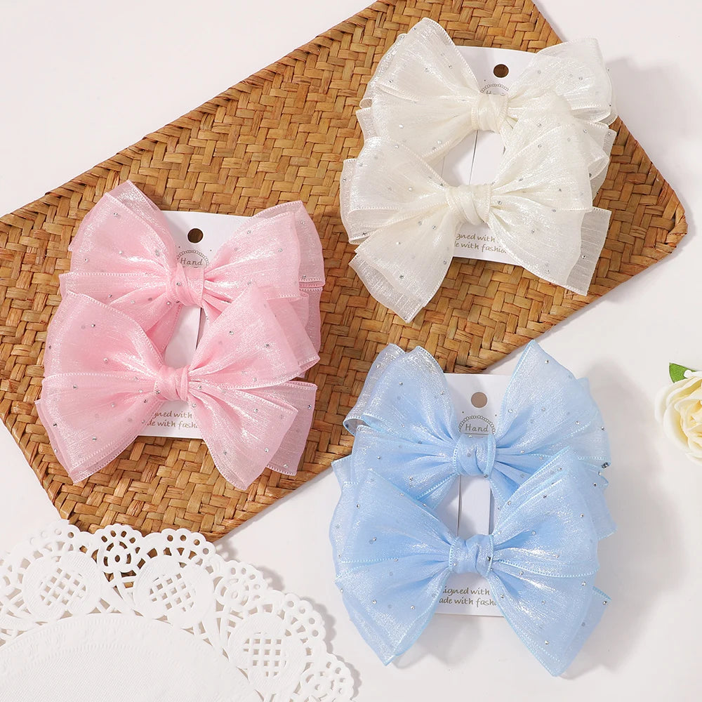 2Pcs Exquisite Princess Bow Hair Clip Set 4.72 Inches Diamond Sets Bow Children's Hairgripes Ladies' Sweet Ponytail Hair Clip