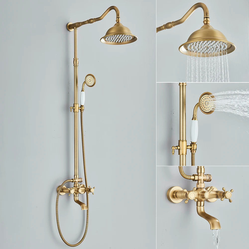 Antique Brass Shower Faucet Set Rainfall Head Shower with Handshower Wall Mount Dual Handle Mixer Bathroom Shower System