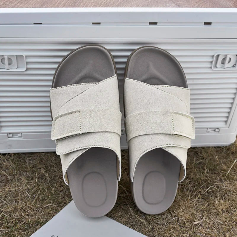 Suede Leather Mens Slippers Casual Sandals Breathable Slides Lightweight Summer Beach Flats Outdoor Walking Shoes Zapatos Hombre