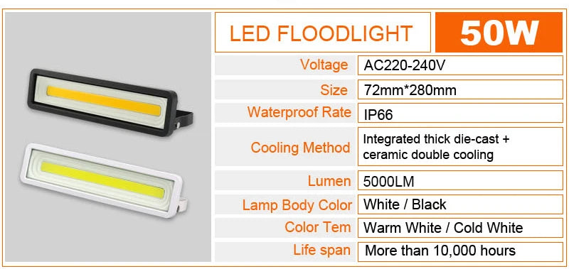 220V LED Flood Llight 50W  IP65 Waterproof Landscape Outdoor Housing Garden Lighting Wall Lamp Reflector Project Floodlight