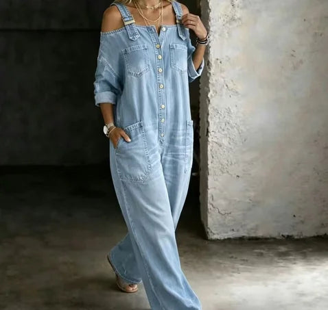 Sexy Off Shoulder Denim Overall Jumpsuit Pockets Wide Leg Playsuit