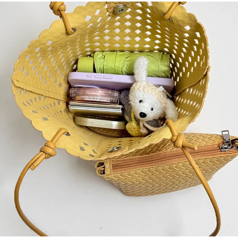 Hand-woven Openwork handBag With Zipper Inner Pocket,summer Pu Leather Beach Bucket Bags,large Capacity Simple Shopping handBag