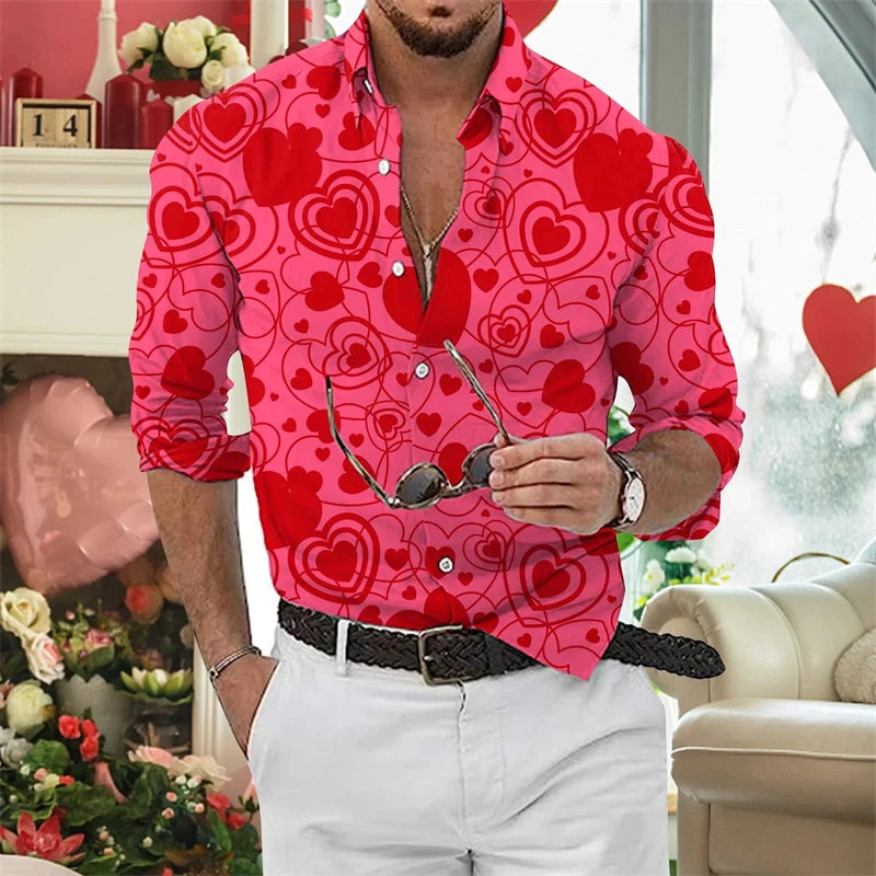 Valentine'S-Day Men Long Sleeve Shirts Couple Blouses 3D Print Love Heart Graphic Casual Lover Tops Festive Vacation Men Clothes