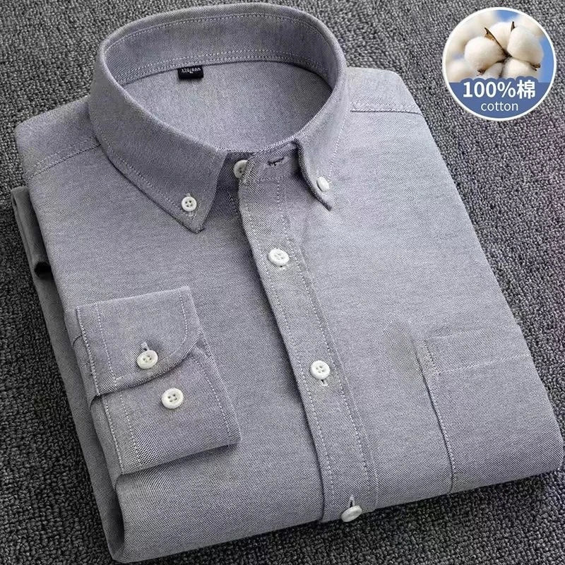 2026 Men's Oxford Long Sleeve Shirts 100% Cotton Solid Color Turn Down Collar Regular Fit Daily Men Clothing Button-down Shirts