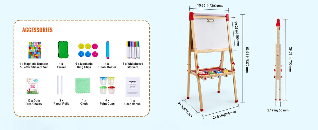 SucceBuy Children Magnetic Drawing Board Wooden Double-Sided Kid's Art Easel with Whiteboard Chalkboard for Girls Gifts Toys