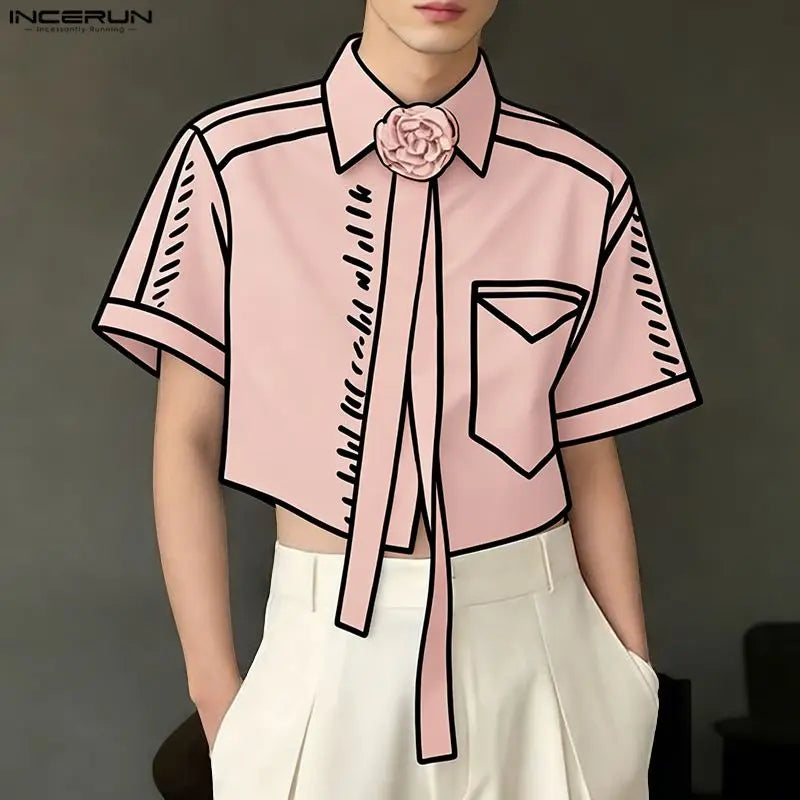 INCERUN Men's Shirt Printing Lapel Short Sleeve Flower Casual Men Clothes Streetwear Summer 2026 Fashion Crop Tops For Man S-5XL