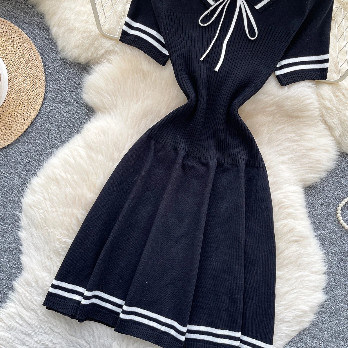New Summer Women Sailor Collar Short Sleeve Knitted Dress Sundress Bow Lace Up Elatic Bodycon Pencil Vestidos Short Dress