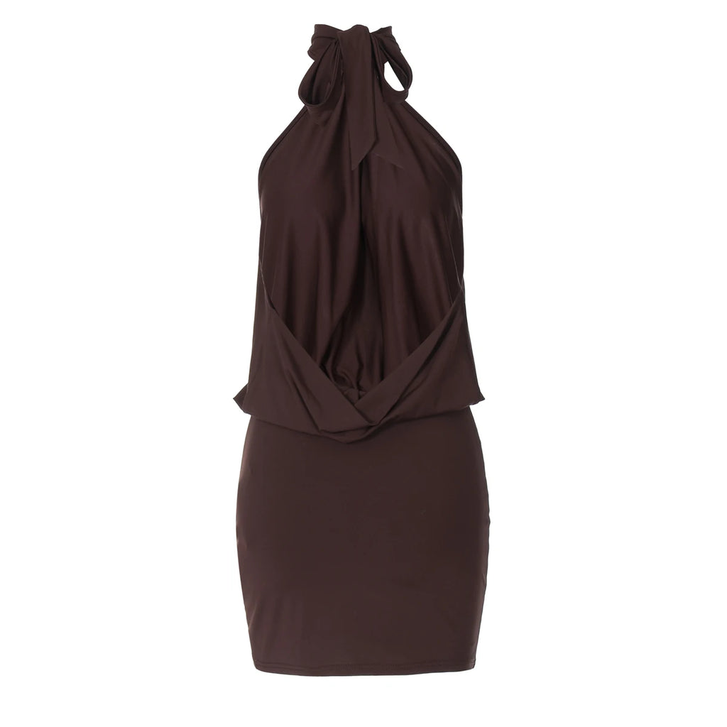 Hugcitar Fashion Halter Solid Sleeveless Backless Bandage Ruched Sexy Slim Mini Dress Summer Clothes Party Vacation Club