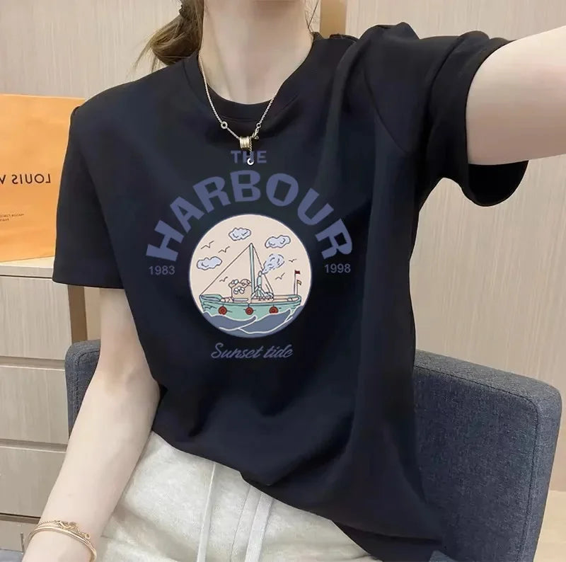 Women's Short Sleeve T-Shirt Pure Cotton Thin Summer Korean Style Loose Fit Shoulder round Neck Half Sleeve Ladies Top Versatile