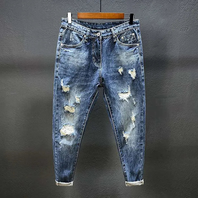 Nine-point jeans with holes for men's thin fashion brand slim feet in summer and summer Korean  style spring and autumn pants