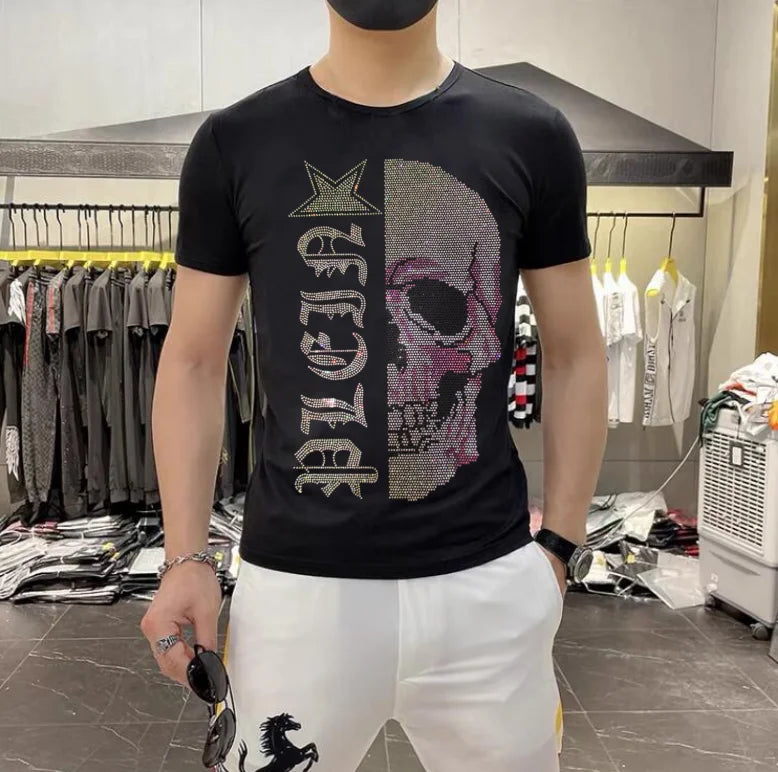 2025 Summer New Luxury Men's Fashion Skull Design Rhinestones T-Shirt Pure Cotton Crew-Neck Casual High Quality