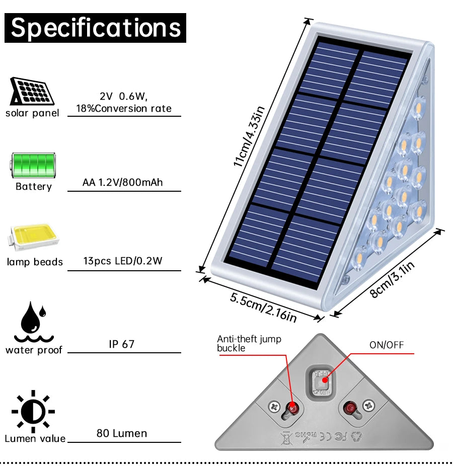 LED Step Lamp Stair Light Outdoor IP67 Waterproof Solar Light with Lens Anti-theft Design Decor Lighting for Garden Deck Path