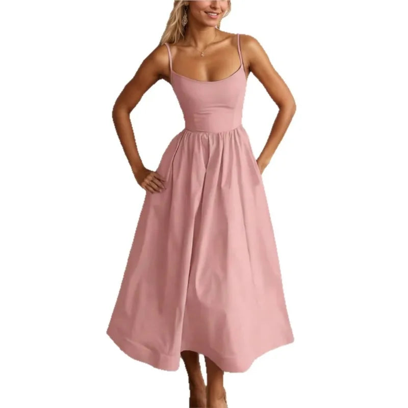 2026 New Summer Women's Dress Solid Color Strap Sexy Retro Bohemian Style Loose Fashion Comfortable Simple Versatile Home Dress