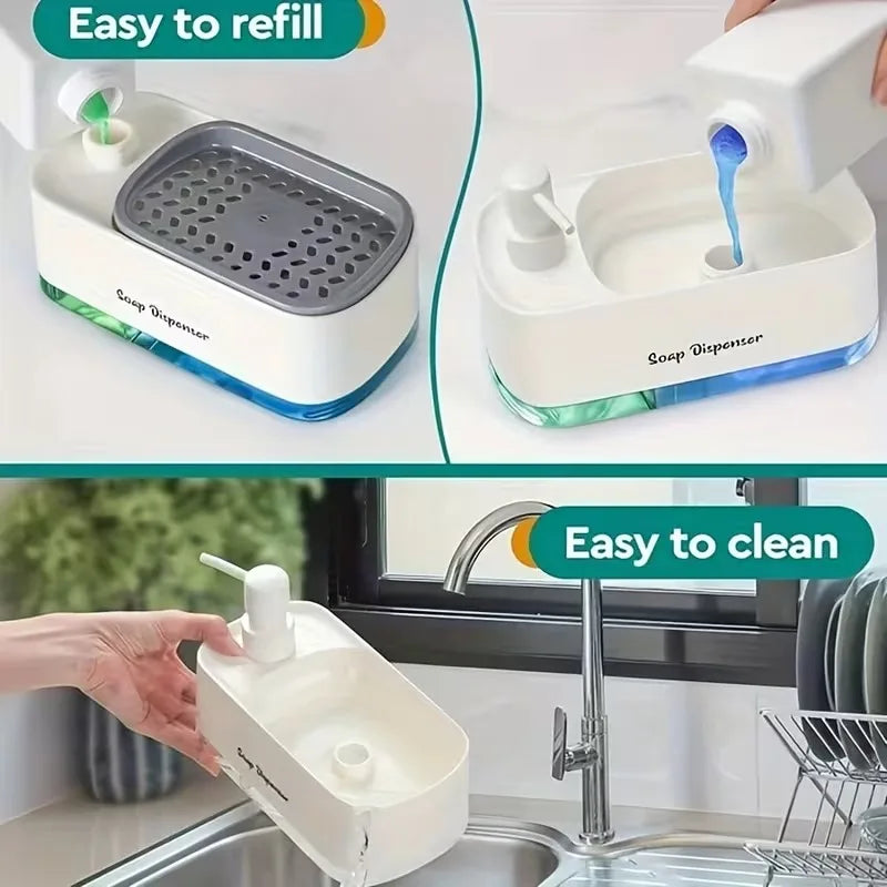 Kitchen Sink Organizer Set 3-in-1 Soap Dispenser with Dual Pump and Sponge Holder Space-Saving Cleaning Storage for Countertops
