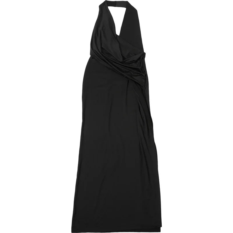Women Solid Elegant Sexy Halter Backless Maxi Evening Party Dress Draped Deep V Neck Sleeveless High Split Long Robe Clubwear
