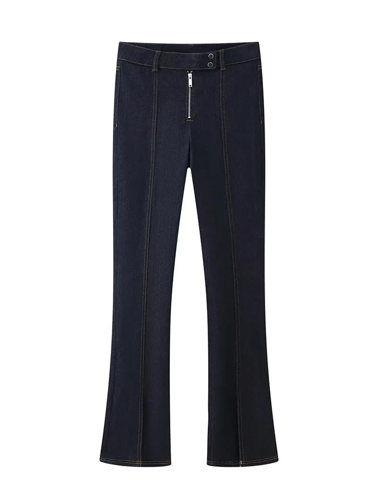 HH Women's Fashion Vintage Denim Suit Slim Lapel Long Sleeve Zipper Denim Cardigan Jacket+Mid-Rise Slim Zipper Long Jeans Mujer