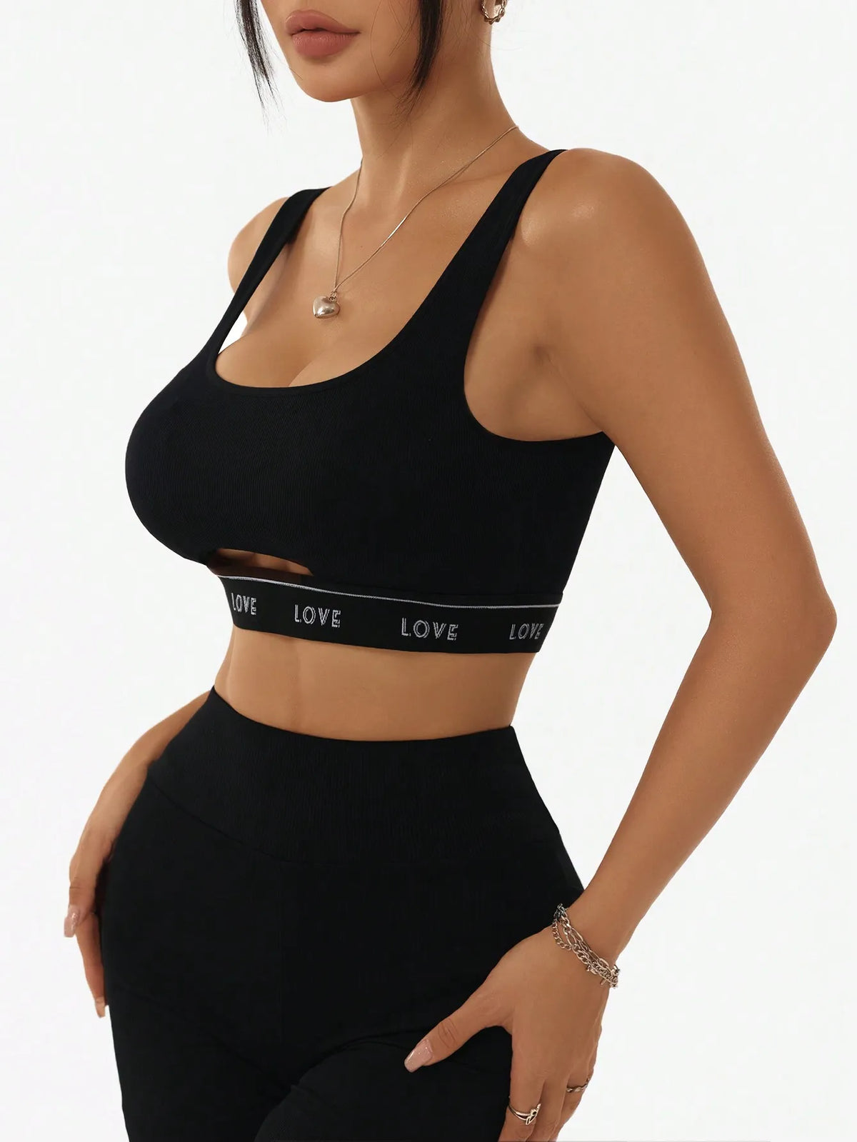 Women Letter LOVE Band Cutout Sports Bra Ribbed U Neck Padded Crop Top Wide Strap Fitness Yoga Workout Athletic Bralette