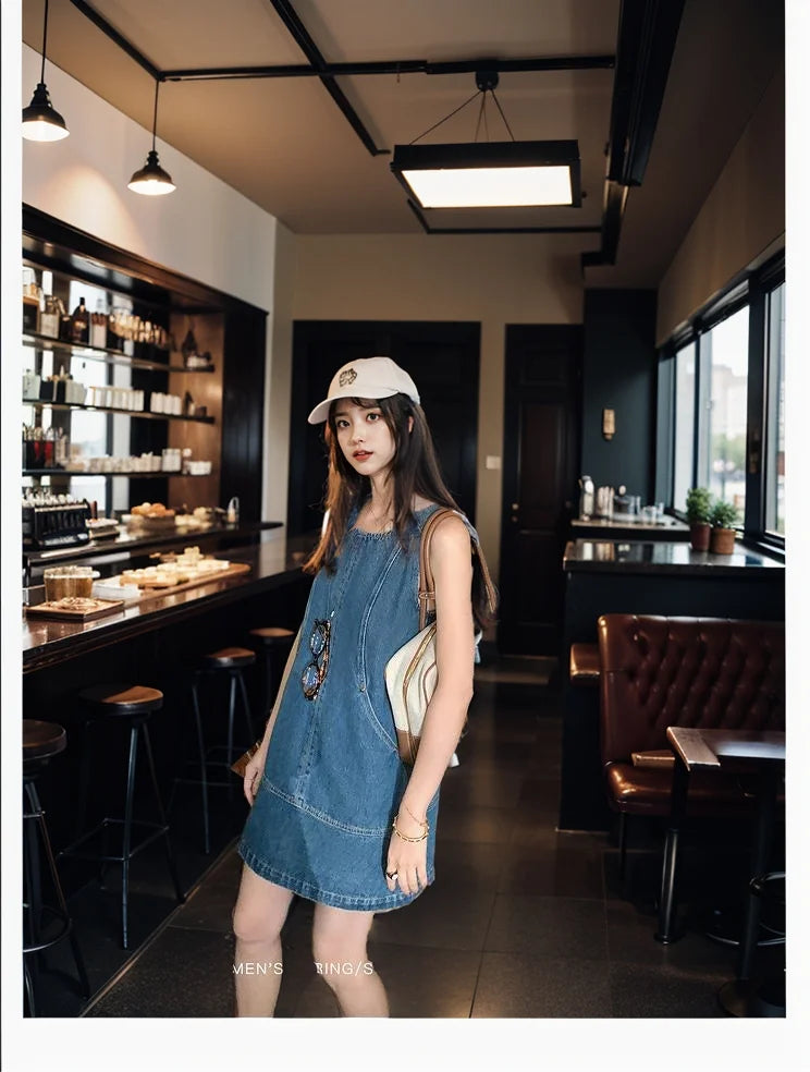 Retro Vest Denim Dress 2025 Summer Fashion Temperament Stitching A Word Street Style Women's Short Skirt