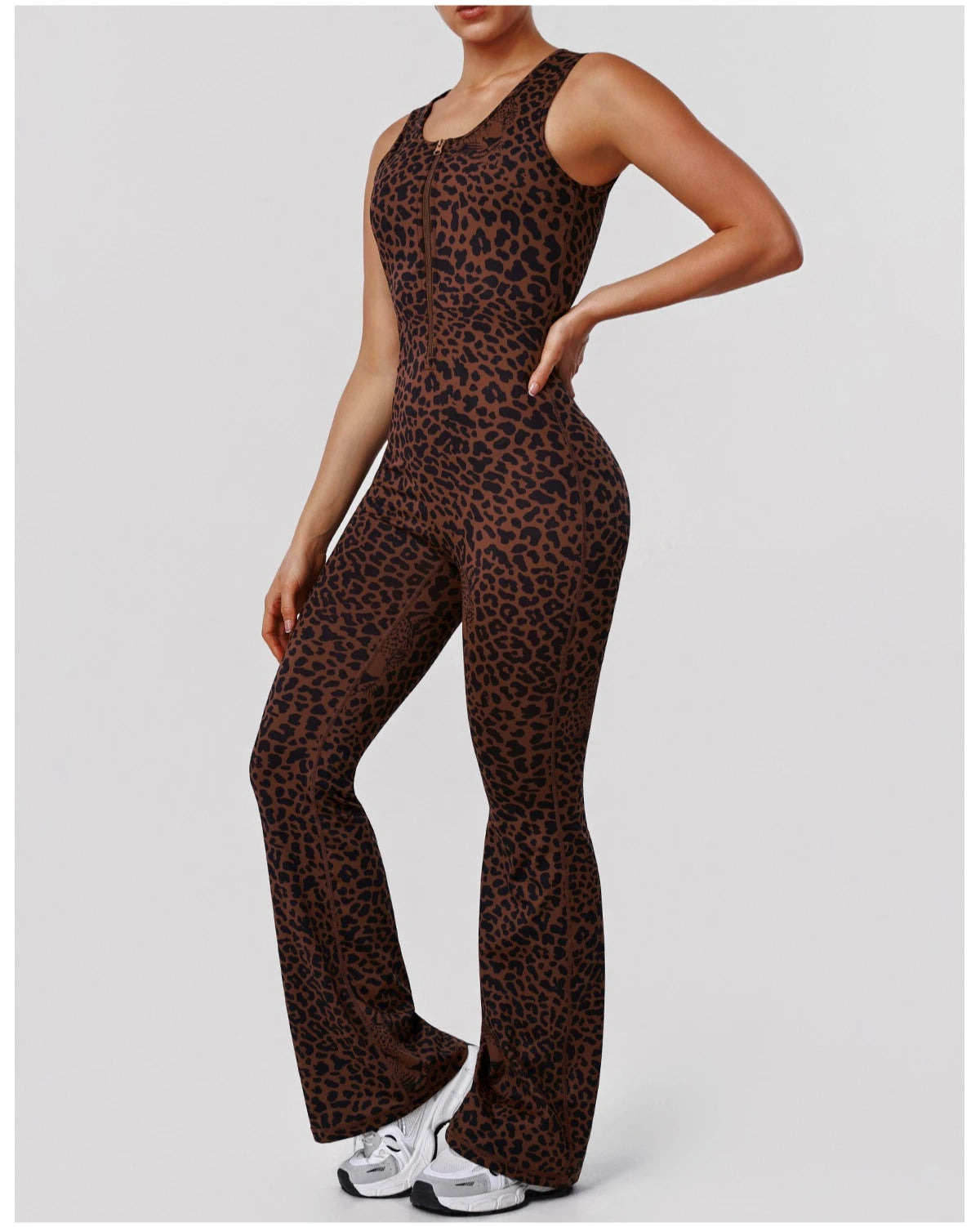 Greenora Leopard Print Yoga Jumpsuit Sleeveless Backless Flare Romper High Waist Slimming Athletic Bodysuit for Workout Fitness