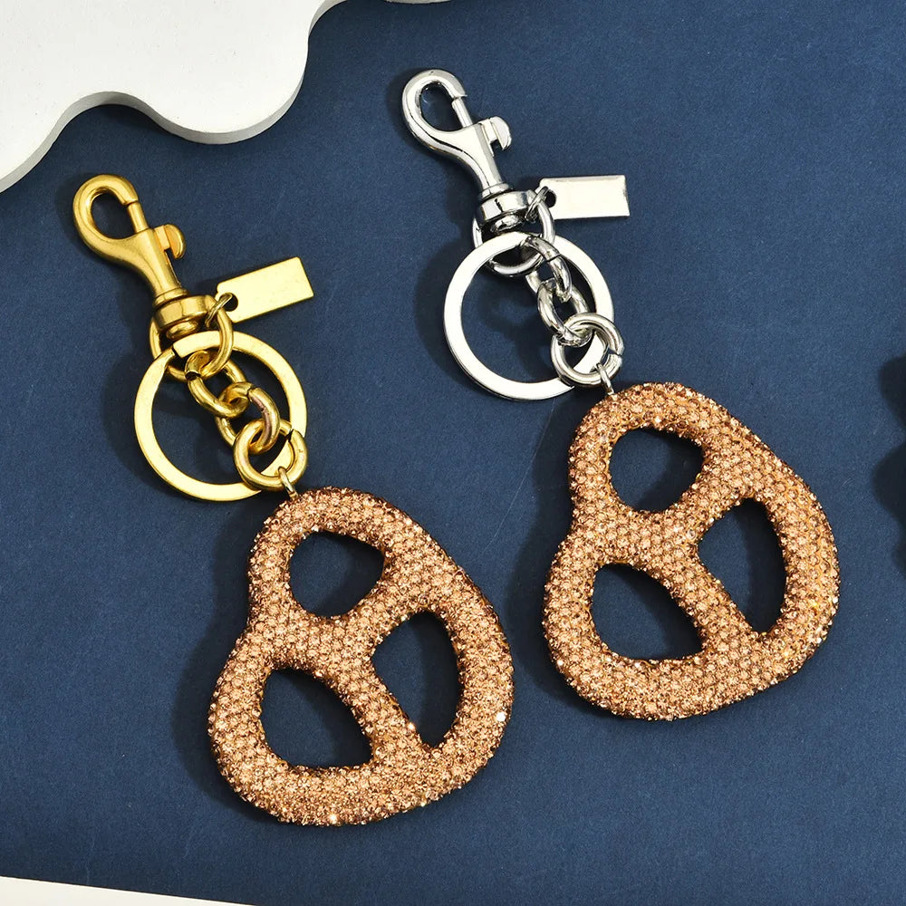Rhinestone Pretzel Bag Charm Keychain Crystal Gold Hardware Sparkly Purse Pendant Accessory Cute Funny Foodie Gifts For Friends