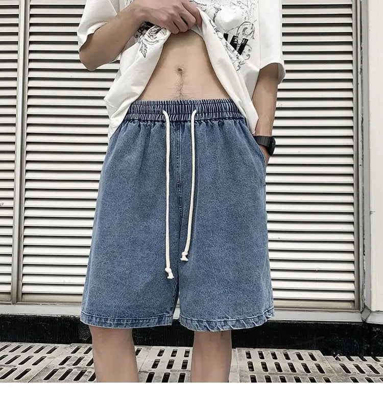 New Men's Fashion Vintage Jeans Summer Loose Casual Male Wide Leg Knee Length Shorts Washed Short Denim Pants Male Streetwear