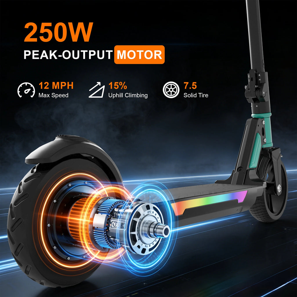 SIMATE S7pro Electric Scooter for Kids Aged 6-12, 5/8/12MPH Speed, Dual Brake System, 3 Heights (S7Pro), Colorful Lights, LED Display, 250W Motor Kids Scooter