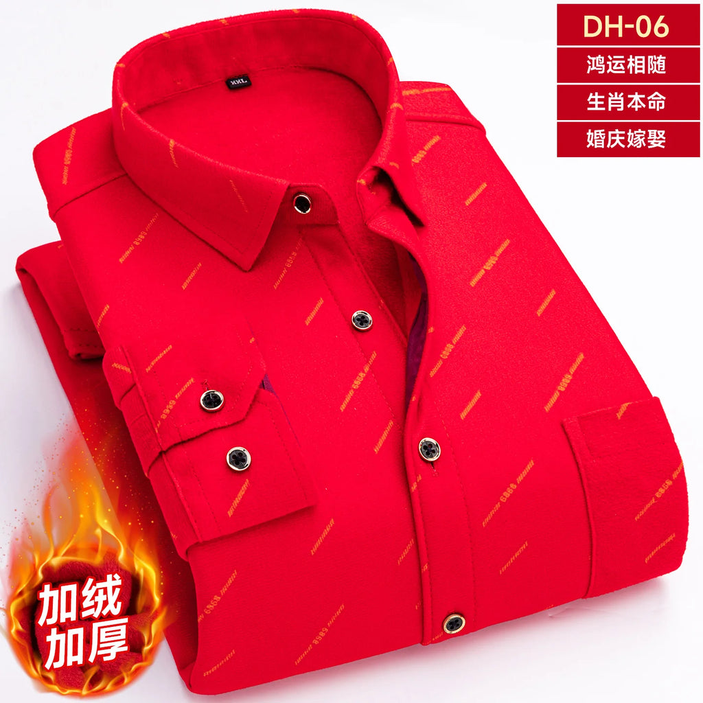 Men's long-sleeved shirt in Chinese red with fleece and thickened texture, warm and casual, comfortable and versatile for winter