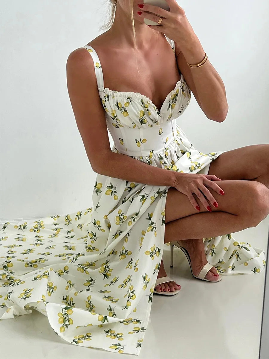 Bornladies 2025 Summer New Printing Cami Dress High Waist Slit Lemon Print Maxi Dress Vacation Long Dress For Women