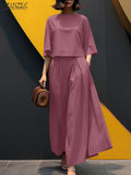 ZANZEA Women Causal 2PCS Pant Sets Loose 3/4 Sleeve Tops Wide Leg Pants 2-Pieces Outfits Solid Color Fashion Commute Tracksuits