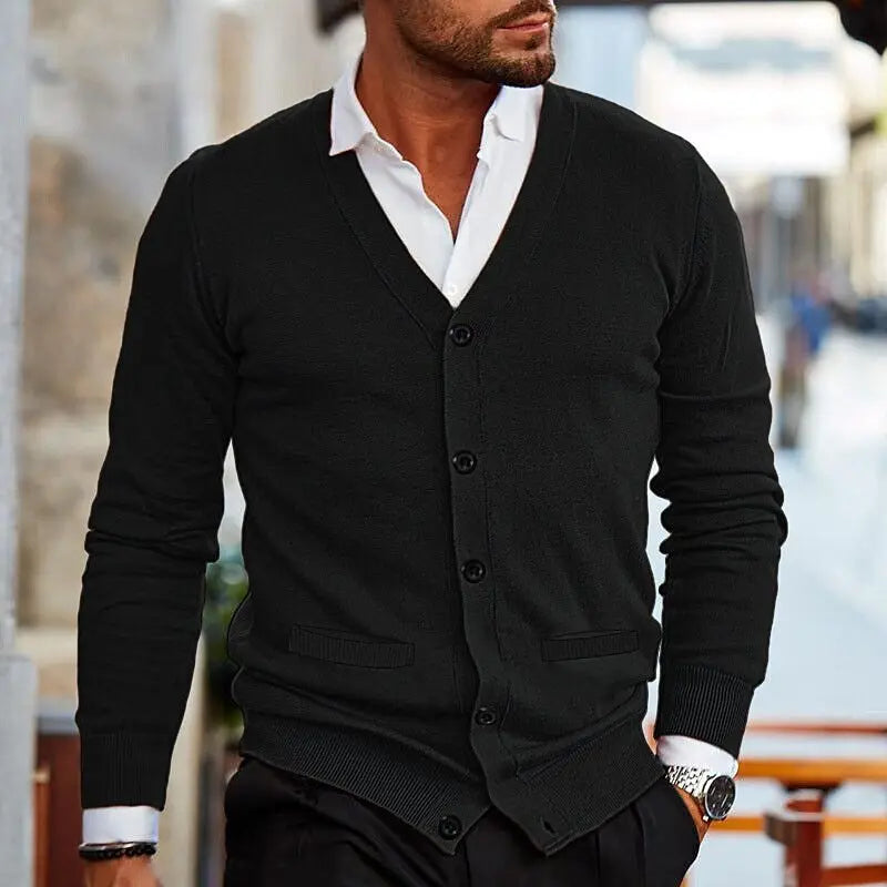 Spring Autumn Mens Solid Color Knitted Cardigan Fashion V-Neck Long Sleeve Slim Fit Sweater Coat with Pockets Men Knit Outwear