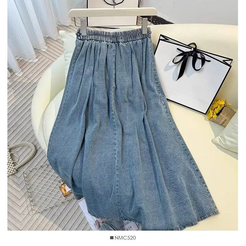 Denim Skirts Women Mid Length Skirt A Line High Waist Slim Fit Pleated Casual Elegant Splice Y2k Streetwear Work 2026 Spring