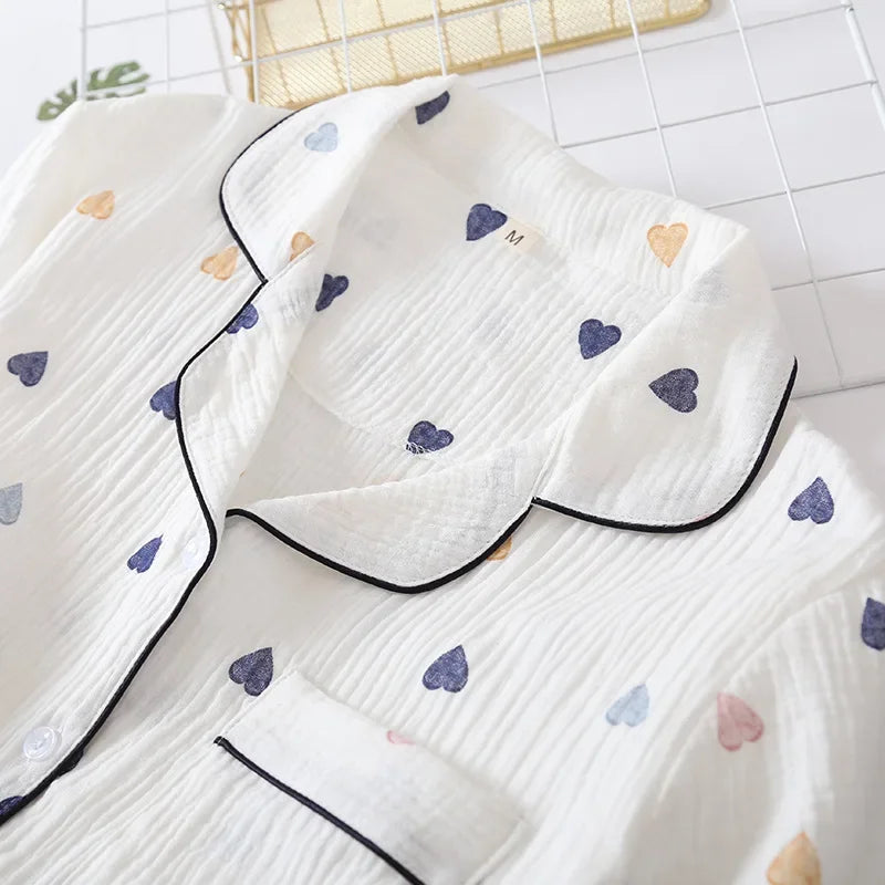 Japanese summer new ladies cotton gauze short sleeve shorts pajamas suit cute heart-shaped thin section home service suit woman