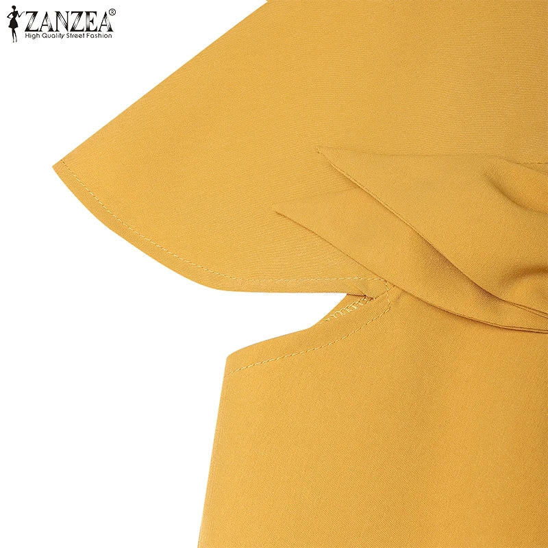 ZANZEA Elegant Chic Women A-Line Dresses Summer Fashion Square Neck Short Sleeve High Waisted Midi Robes Femme Office Vestidos