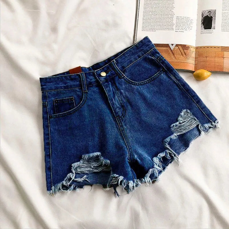 Women High Waist Ripped Denim Shorts Korean Y2K Streetwear Tassel Pocket Summer Casual Blue Jeans Pants Fashion Street Trousers