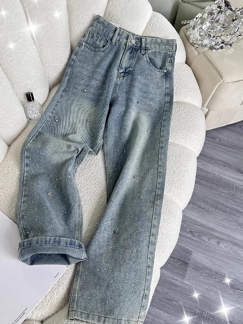 High Waist Shiny Sequin Star Design Casual Wide Leg Jeans Women's Light Blue Slimming Slim Fit Denim Pants Fashionable Versatile