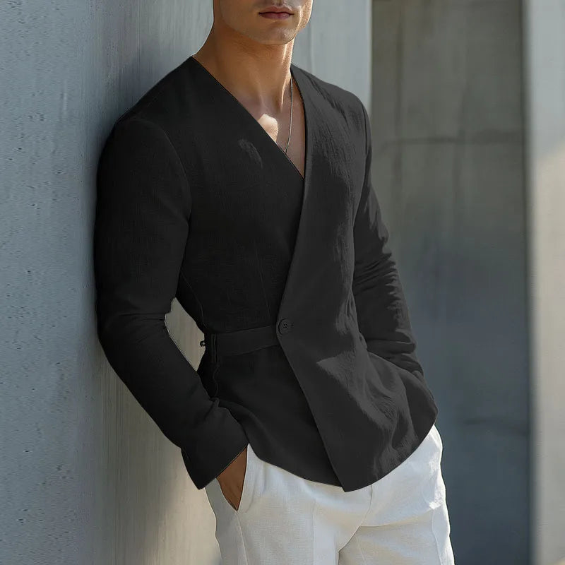 INCERUN Men Shirt Solid Color V Neck Long Sleeve One Button Male Shirts Streetwear 2025 Autumn Cotton Casual Men Clothing S-5XL