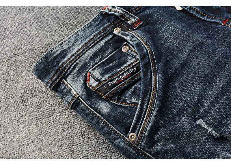 Italian Style Fashion Men Jeans High Quality Retro Black Blue Elastic Slim Fit Ripped Jeans Men Vintage Designer Denim Pants