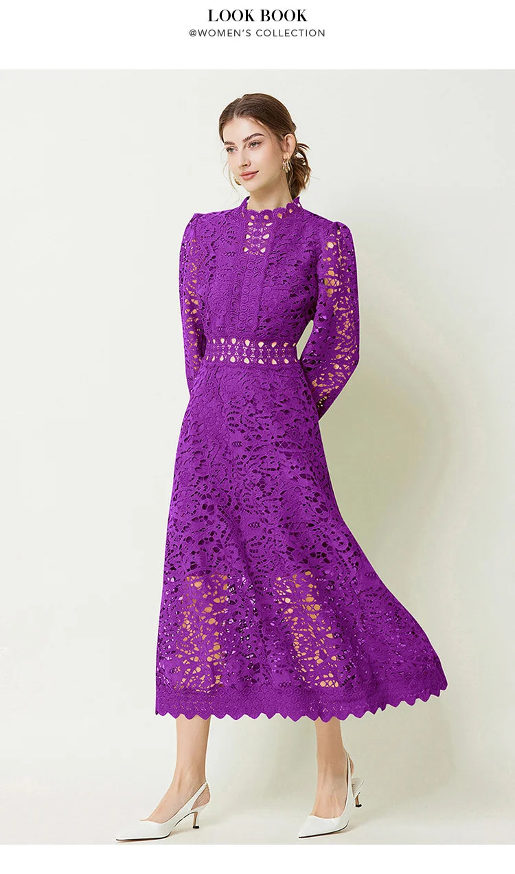 Solid Lace Holloe Out Slimming Elegant Dresses For Women Stand Collar Long Sleeve High Waist Minimalist Dress Female Fashion