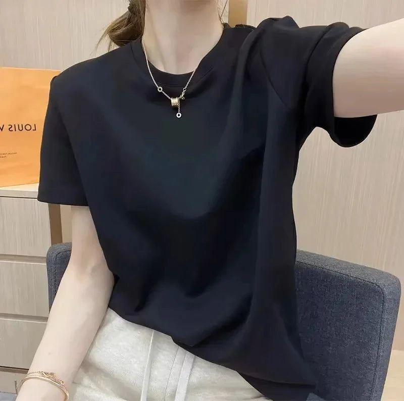 Women's Short Sleeve T-Shirt Pure Cotton Thin Summer Korean Style Loose Fit Shoulder round Neck Half Sleeve Ladies Top Versatile