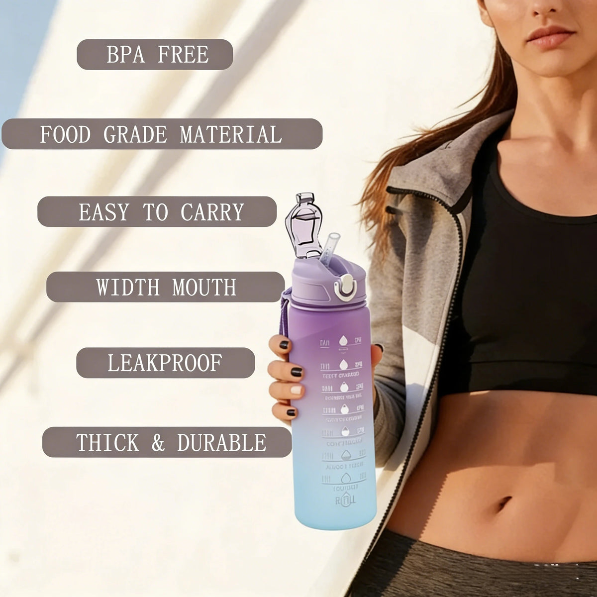 Sports Water Bottle with Time-Tracking Straw Leak Proof Locking Flip Cover for Easy Carry Ideal for Outdoor Adventures