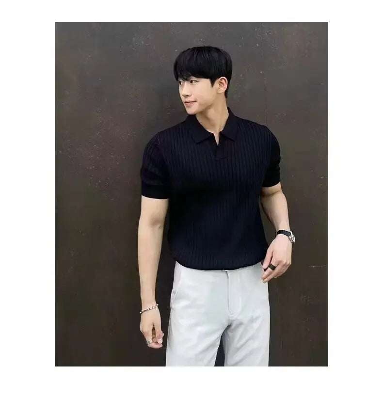 Trendy Polo Shirt for Men Summer Solid Color Top Versatile Knit Style Korean Short Sleeves Casual Fashion T-shirt