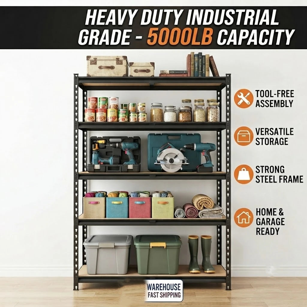 27.6'W X 60'H 5-Tier Garage Shelving Unit, 2200 LBS Heavy Duty Storage Shelves, Metal Rack with MDF Board, Screw Assembly Adjustable Utility Organizer for Basement Pantry Kitchen Laundry Closet, 440 LBS Load Per Shelf, 1 or 2