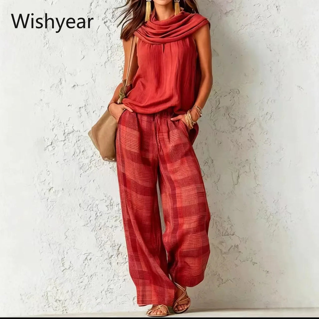 Women’s Casual Pants Set Sleeveless Draped Neck Top and High Waist Plaid Wide Leg Trousers 2 Piece Suit for Office Vacation Club