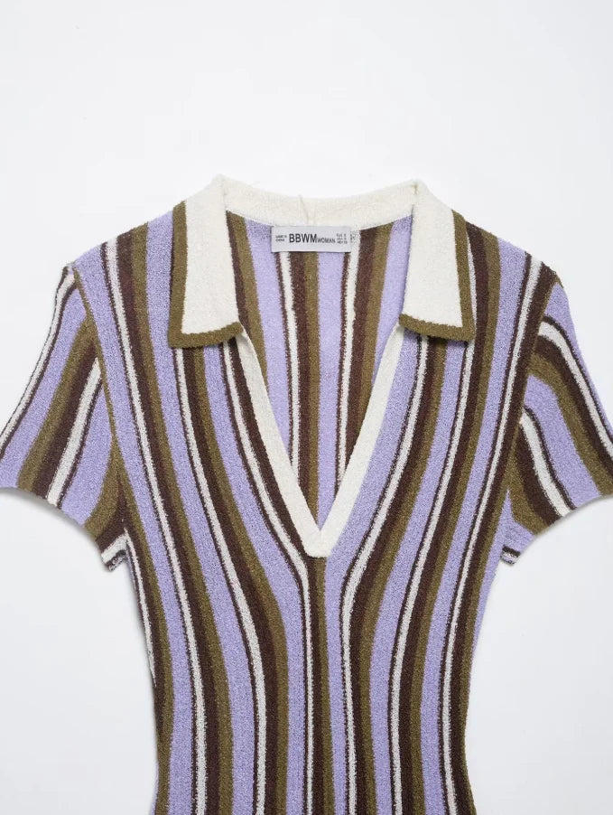 Brown Striped Polo Collar Knitted Short Sleeves Dress V-neckline Waist Cinching Flared Hem Mini Dresses Women Daily Casual Robes