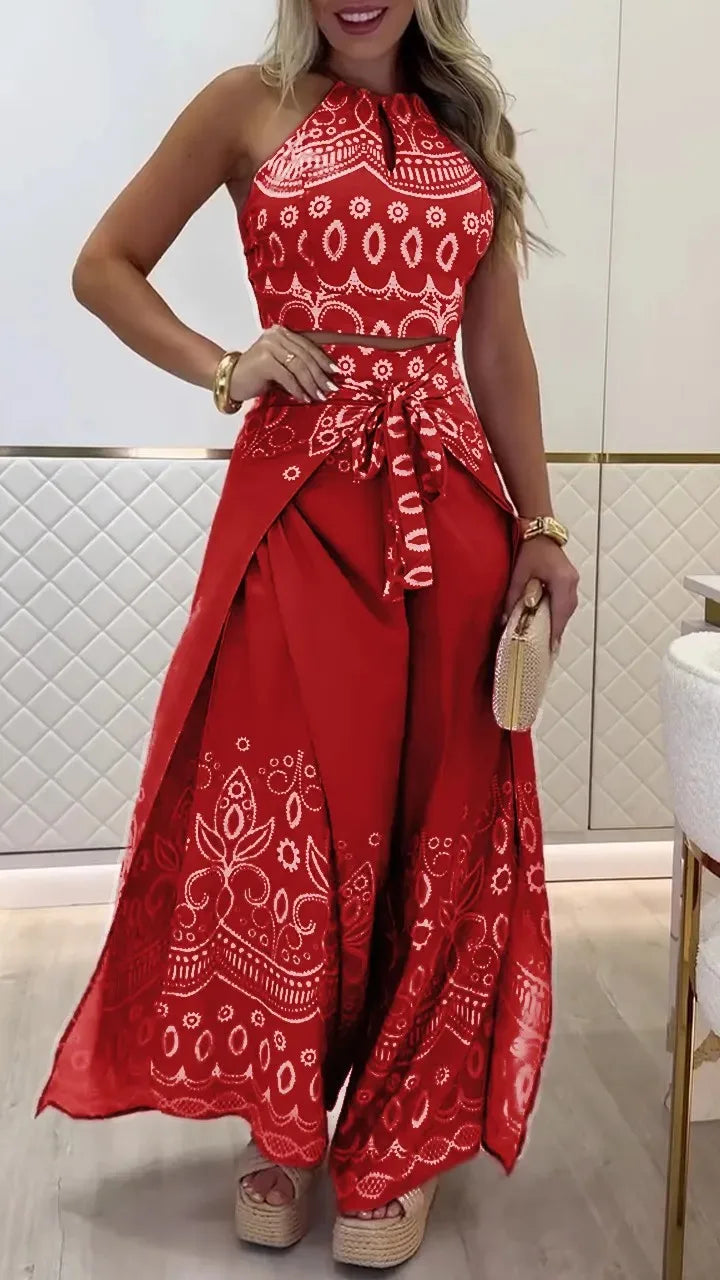 Summer New Fashion Printed Casual Loose Suit Literary Retro Sleeveless Halter Top Wide-leg Pants Commuting Two-piece Sets