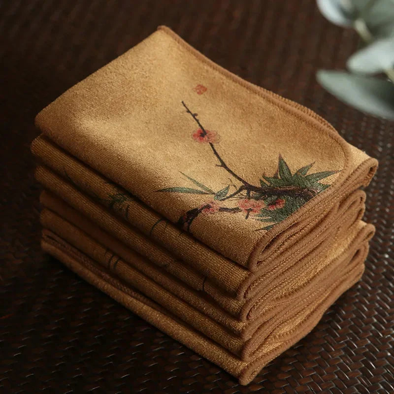 Zen Tea Towel Set: Hand-Painted Thick Linen Cotton Absorbent Cloth for Teapot, Table & Instrument Care (Erhu, Violin, Guzheng)