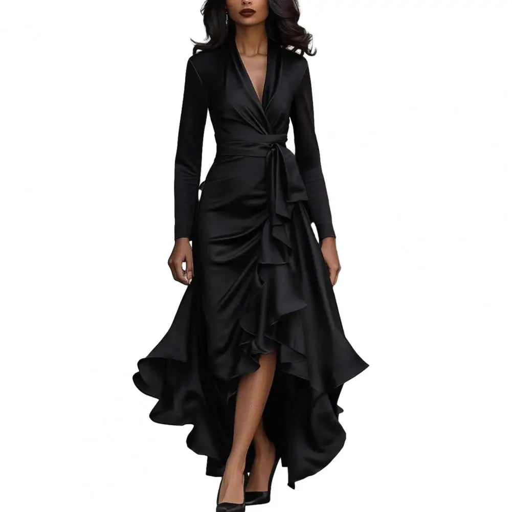 2026 Evening Dress Women Long Sleeve V Neck High Waist Slim Fit Ruffle Solid Color Elegant Fashion Party Spring Autumn Dress 80%